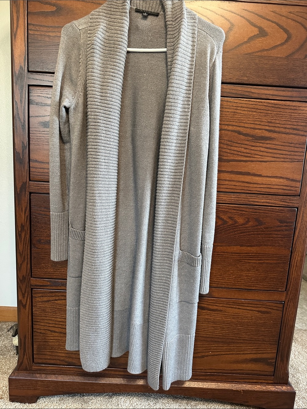 Cyrus Long Open-Front Shawl Collar Cardigan in Gray